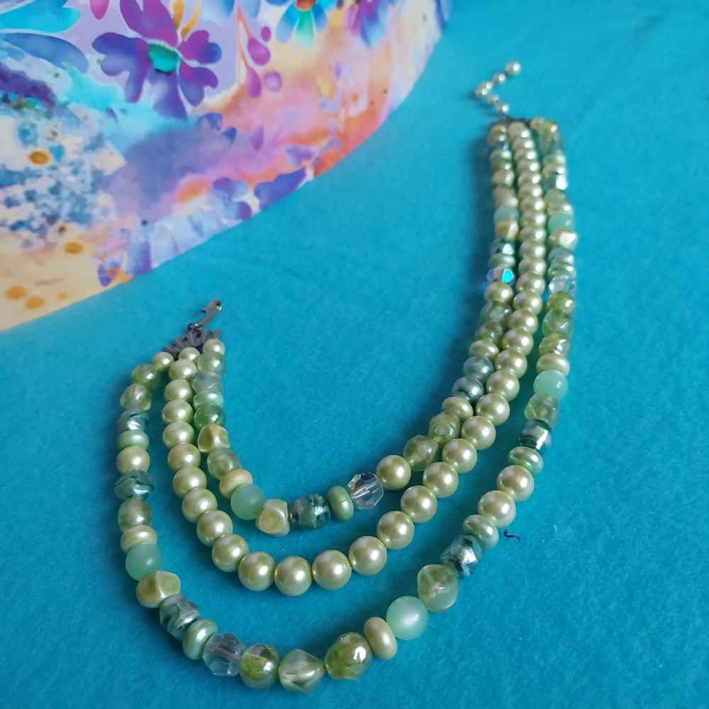 Green Tones Three Strand Beaded Necklace Vintage, Estate Jewelry